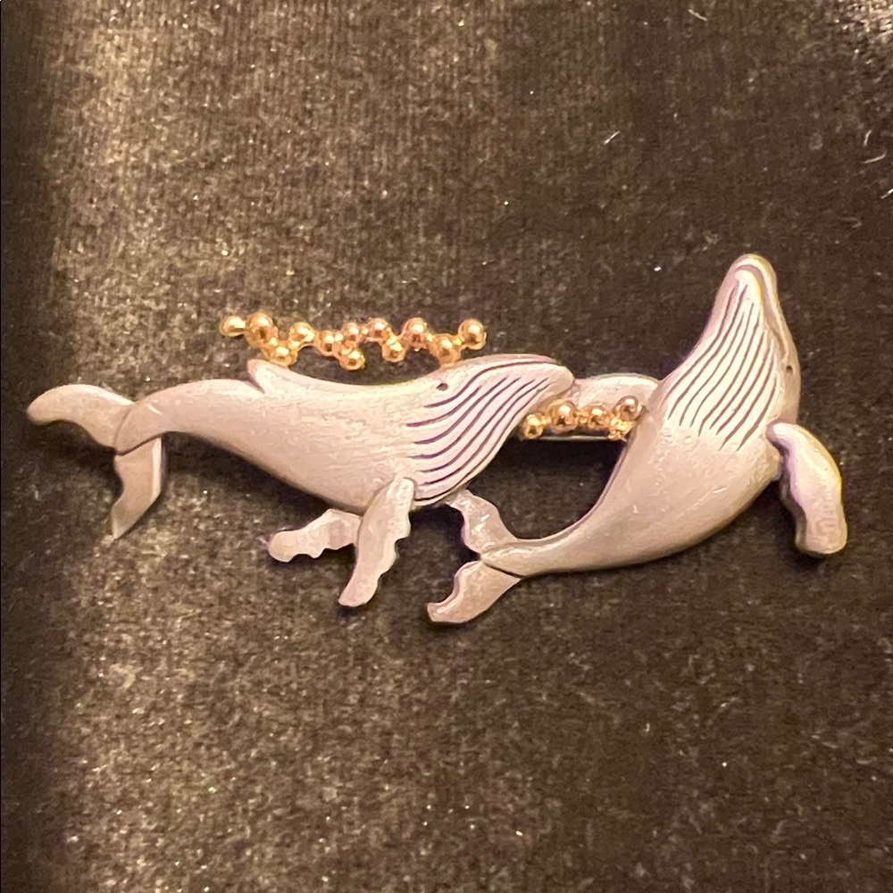 Mark Shields Pewter Mother and Baby Whale Brooch.